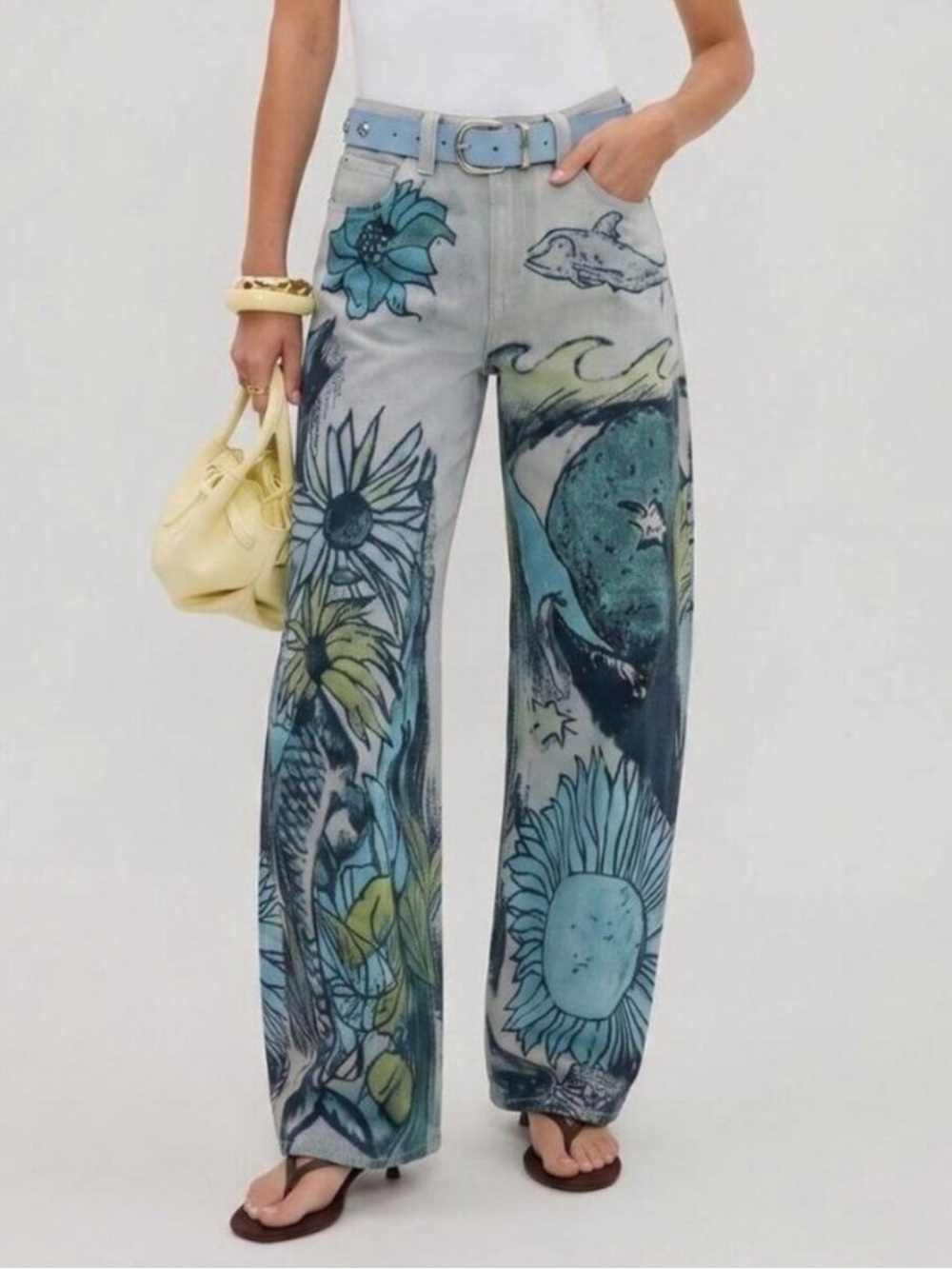 Free People Tinsley Printed Straight Leg Jeans in Seashore Combo Blue Turquoise